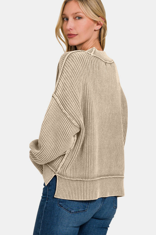 ZENANA Light Mocha Exposed Seam Round Neck Dropped Shoulder Sweater