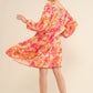 AND THE WHY Casual Full Size Orange Multi Floral Print V-neck Dress with Long Balloon Sleeves