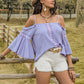 Blue Purple Casual Boho Square Collar Flare Sleeve Top