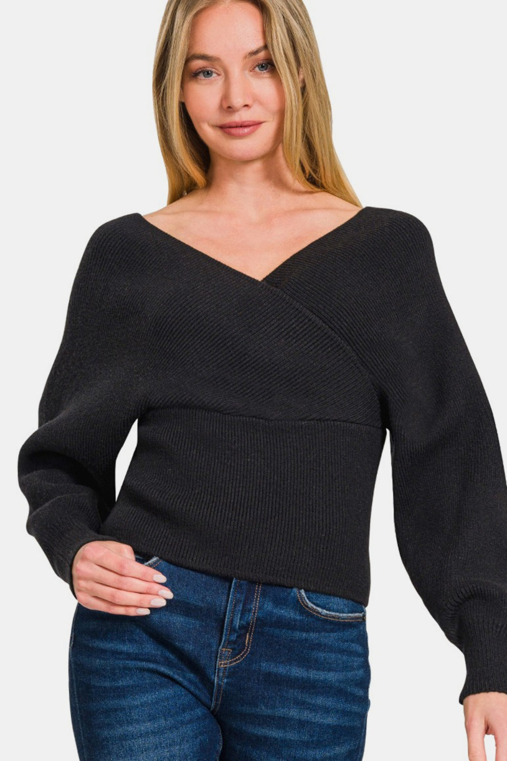 ZENANA Black Cross Wrap Rib Long Sleeve Sweater