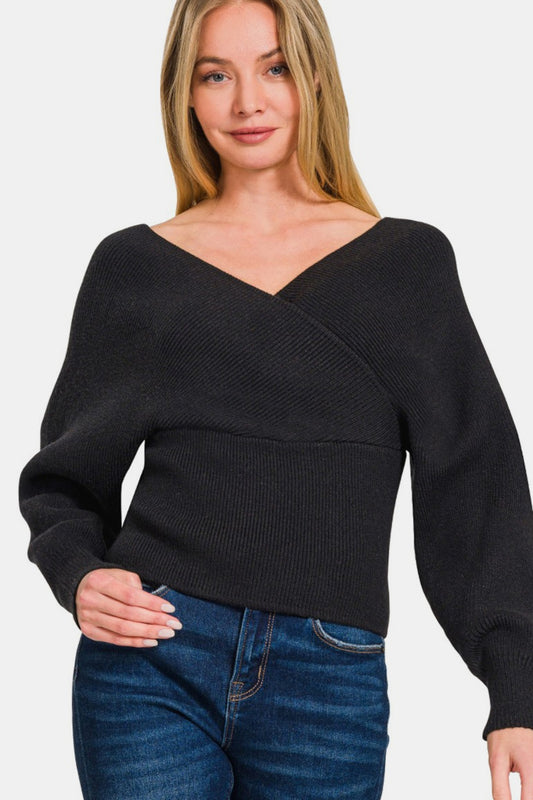 ZENANA Black Cross Wrap Rib Long Sleeve Sweater