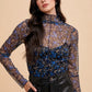 Annie Wear Women's Black/Blue Floral Lettuce Hem Sheer Mesh Top