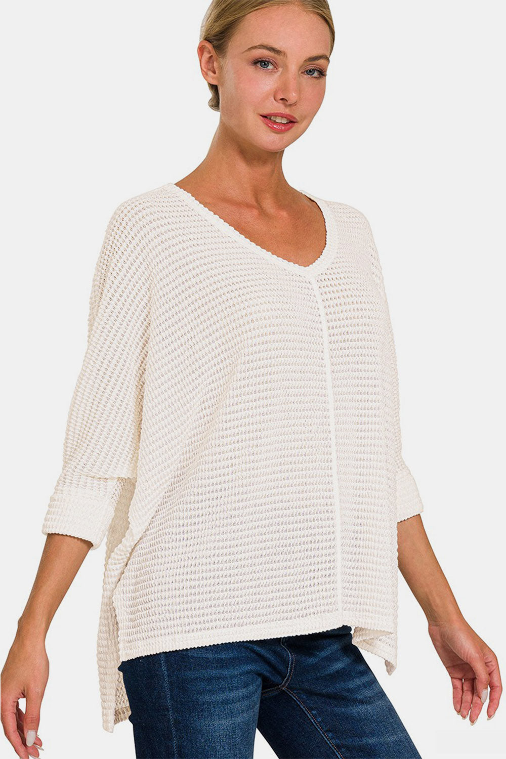 ZENANA Full Size Round Neck High-Low Slit Knit Top