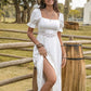 White Square Neck Flounce Sleeve Midi Dress
