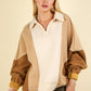 VERY J Color Block Johnny Collar Frenchy Terry Sweatshirt in Taupe