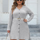 Plus Size Ribbed Buttoned V-Neck Long Sleeve Dress