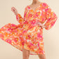 AND THE WHY Casual Full Size Orange Multi Floral Print V-neck Dress with Long Balloon Sleeves