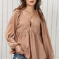 DOUBLE TAKE Tie Back Smocked Long Sleeve Babydoll Blouse