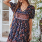 Casual Boho Floral Tie Neck Short Sleeve Mini Dress