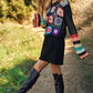 DAVI & DANI Floral Crochet Striped Sleeve Cropped Knit Sweater