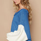 POL Women's Royal Blue Sweater with Exposed Seam Contrast V-Neck Lantern Sleeve