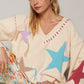 POL Pale Beige V-Neck Long Sleeve Star Fringe Sweater