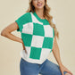 DOUBLE TAKE Full Size Checkered Round Neck Short Sleeve Sweater