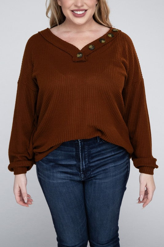 ZENANA Plus Brushed Waffle V-Neck Button Detail Sweater