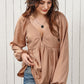 DOUBLE TAKE Tie Back Smocked Long Sleeve Babydoll Blouse