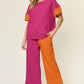 DOUBLE TAKE Full Size Texture Contrast T-Shirt and Wide Leg Pants Set