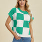 DOUBLE TAKE Full Size Checkered Round Neck Short Sleeve Sweater