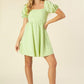 LILOU Light Green Tie Back Dress with Puff Sleeves