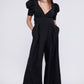 NUVI APPAREL Black V Neck Puff Sleeves Jumpsuit