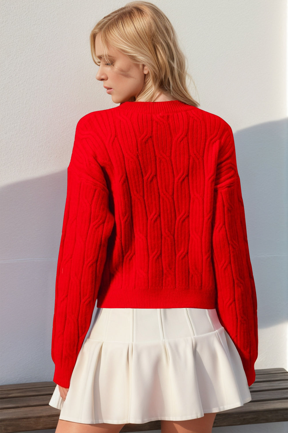 DOUBLE Full Size Bow Cable-Knit Round Neck Sweater