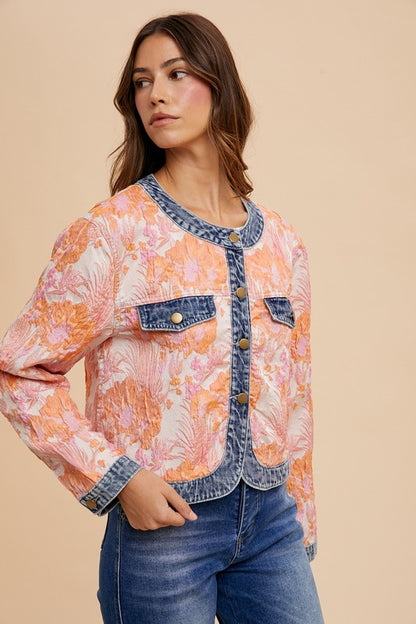 Annie Wear Women's Coral Combo Floral Jacquard Denim Contrast Jacket