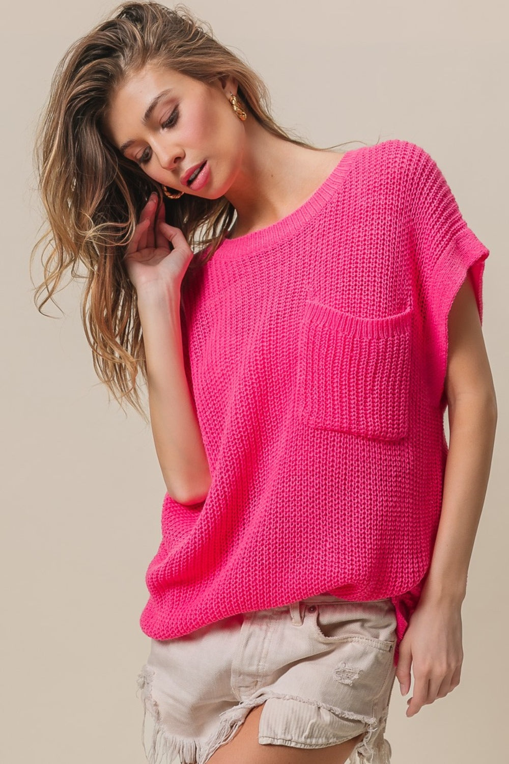 BiBi Patch Fuchsia Pocket Short Sleeve Sweater