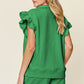 DOUBLE TAKE Full Size Texture Flounce Sleeve Top and Drawstring Shorts Set