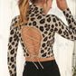 LILOU Black Long Sleeves Mock Neck Lace-up Open Back Top