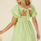 LILOU Light Green Tie Back Dress with Puff Sleeves