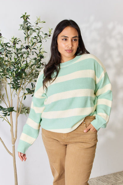 SEW IN LOVE Full Size Contrast Striped Round Neck Sweater