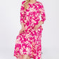 CELESTE Fuchsia Full Size Floral Round Neck Ruffle Hem Dress