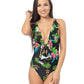 BLACK FLORAL RUFFLED V NECK ONE PIECE SWIMSUIT