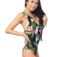 BLACK FLORAL RUFFLED V NECK ONE PIECE SWIMSUIT