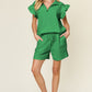 DOUBLE TAKE Full Size Texture Flounce Sleeve Top and Drawstring Shorts Set