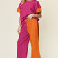 DOUBLE TAKE Full Size Texture Contrast T-Shirt and Wide Leg Pants Set