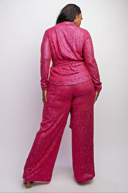 SYLVIA Luxury Plus-size Sequin Shirt & Wide-leg Pants Set Outfit