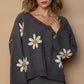 POL Charcoal V-Neck Floral Pattern Chenille Sweater