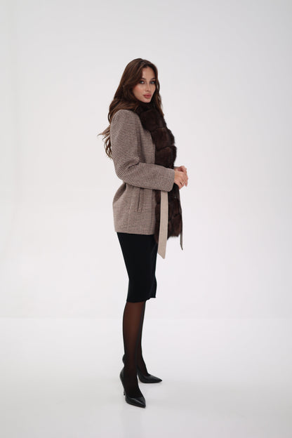 Genuine Polar Fox Fur Virgin Wool Coat in Dark Beige