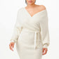 Cream Off Shoulder Wrap Belted Ribbed Sweather Dress