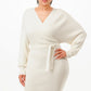 Cream Off Shoulder Wrap Belted Ribbed Sweather Dress