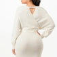 Cream Off Shoulder Wrap Belted Ribbed Sweather Dress