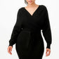 Black Off Shoulder Wrap Belted Ribbed Sweater Dress