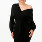 Black Off Shoulder Wrap Belted Ribbed Sweater Dress