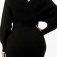 Black Off Shoulder Wrap Belted Ribbed Sweater Dress