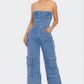 Stylish Strapless Cargo Stretch Denim Jumpsuit