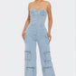 Stylish Strapless Cargo Stretch Denim Jumpsuit