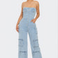 Stylish Strapless Cargo Stretch Denim Jumpsuit