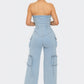 Stylish Strapless Cargo Stretch Denim Jumpsuit