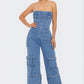 Stylish Strapless Cargo Stretch Denim Jumpsuit