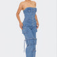 Stylish Strapless Cargo Stretch Denim Jumpsuit